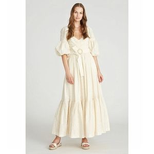 AMUR Cottagecore Prarie Embroidered Gathered Organic Cotton Midi Dress